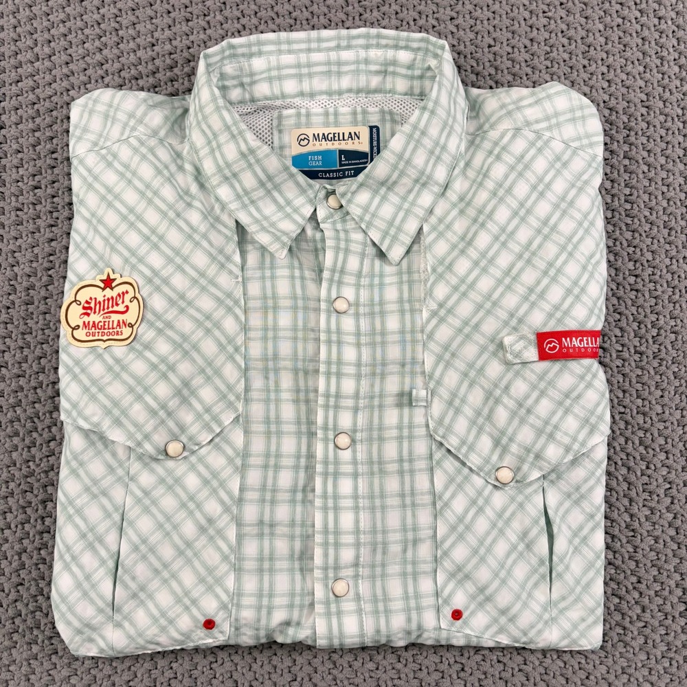 Magellan & Shiner Bock Green Plaid Pearl Snap Fishing Outdoor Shirt Mens Large